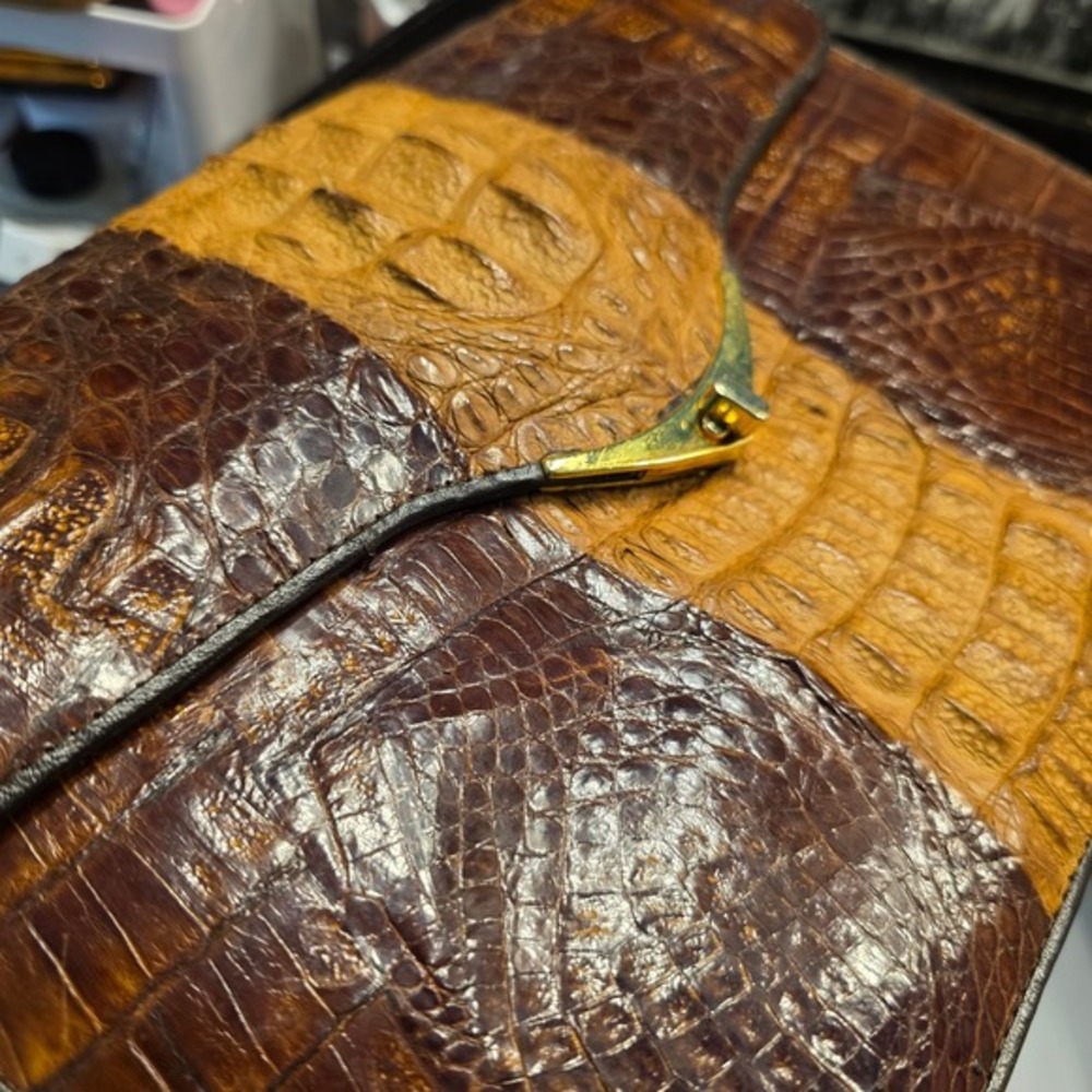 Vintage‎ Two Tone Brown Hornback Crocodile Skin Shoulder Bag Handbag - Picture 16 of 16